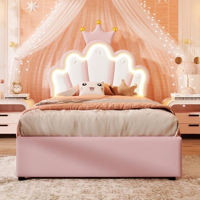 Gutent-Gestoffeerd bed hydraulisch-90x200cm-met led-lichtlijst-verstelbaar hoofdeinde-prinsessenbed in kroonvorm-PU-roze-zonder matras