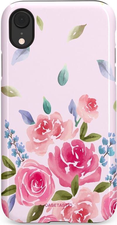 Casetastic hoesje geschikt voor Apple iPhone XR - Dubbellaagse bescherming - Aquarel Bloesem - Fashion Case - Lichtroze Lila Saliegroen