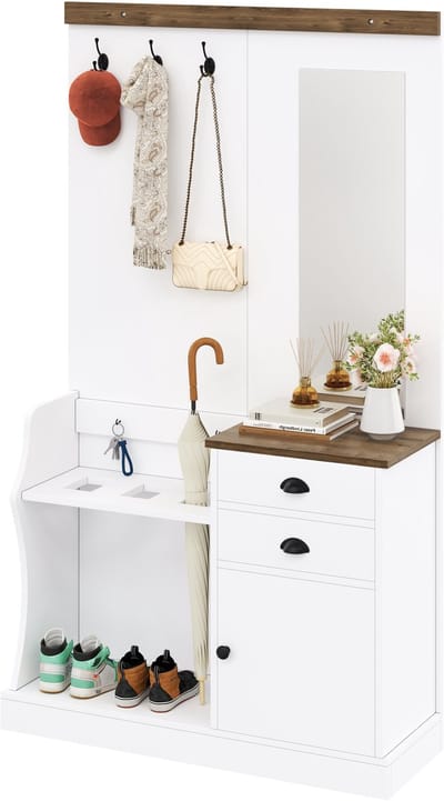 Halkasten - 120x45x40 cm - Garderobenset Met Spiegel, Haken, Laden, Parapluhouder - Hout - Natuurlijk