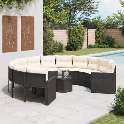 vidaXL - Tuinbank - met - tafel - en - kussens - rond - poly - rattan - zwart