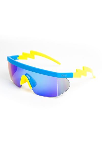KIMU® Skibril Zonnebril - Geel Montuur - Blauwe Spiegelglazen - Foute Ski Bril Fietsbril Sportbril Motorbril Fout Skipak Goggles Motor Fiets Festival