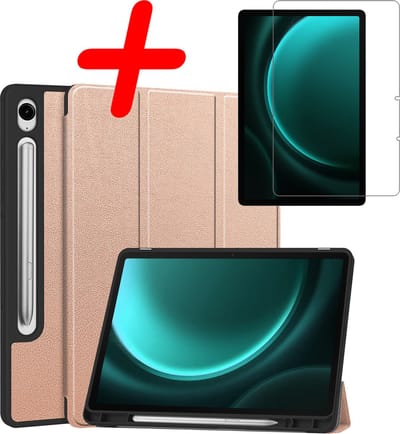 Hoesje Geschikt voor Samsung Galaxy Tab S9 FE - Met Screenprotector - Trifold Bookcase - Hard Cover Case - Met Uitsparing Geschikt voor S Pen - Hardcover Book - Tablet Hoes - Rosé goud
