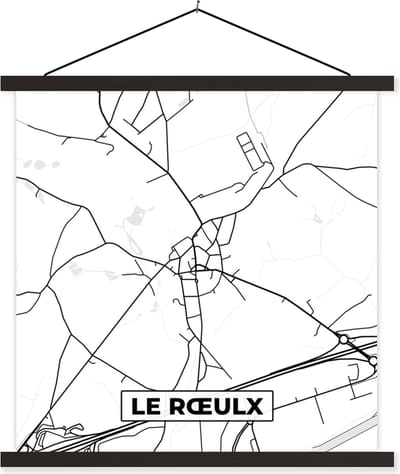 Posterhanger incl. Poster 60x60 cm - Schoolplaat - Plattegrond – Le Rœulx – Zwart Wit – Stadskaart - Kaart - België - Textielposter - Zwarte latten - Stadskaart