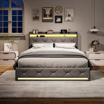 Opbergbed 140x200 cm grijs linnen met LED-verlichting, draadloos opladen en hydraulische opbergruimte, comfortabel gestoffeerd tweepersoonsbed