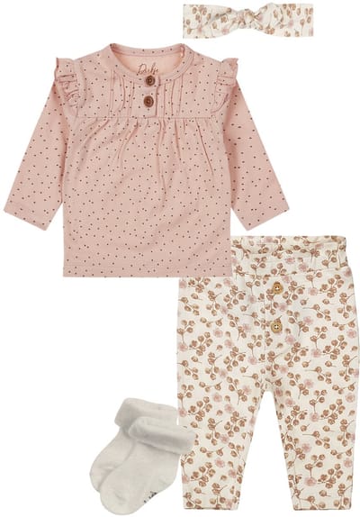 Dirkje - Basic Collection - BIO COTTON - Broek met bloemetjes Offwhite - Shirt Light Dusty Pink met stipjes - Haarbandje - 1 paar Noppies sokjes - Maat 62
