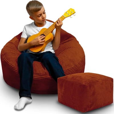 DreamRoots Zitzak voor Volwassenen & Kinderen – Corduroy Bean Bag Stoel met Voetsteun & Hoes – Inclusief Vulling – 70x70x70 cm – Indian tan