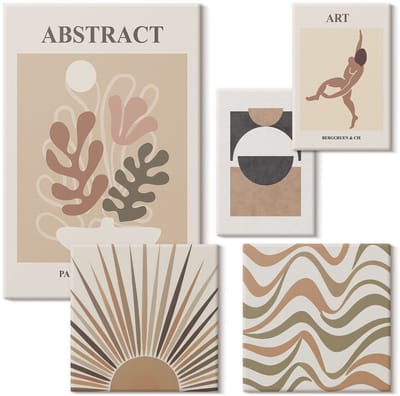 Wallfluent Set van canvas schilderijen - Stijlvolle abstracties met plantenmotieven en vormen Canvas Schilderijen Set - Set van 5 Canvas Schilderijen - Beige Set van Canvas Prints - Abstractie Canvas Kunst Set - Boheemse Canvas Kunst Set