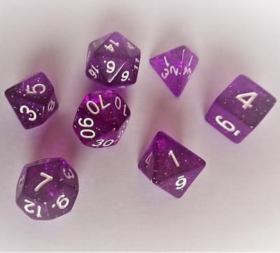 Polydice set 7 stuks - Polyhedral dobbelstenen set | dungeons and dragons dnd dice| D&D Pathfinder RPG | Paars doorzichtig glitter