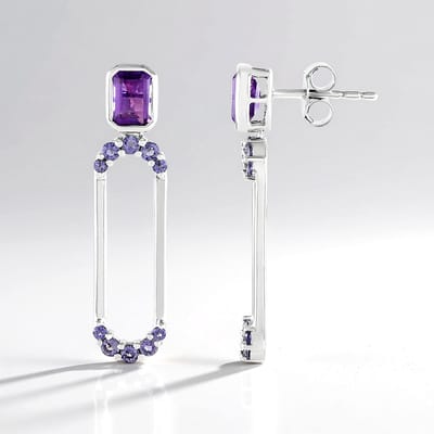 Cavill - Zilveren Oorbellen 925 Sterling Gerhodineerd - 1,17ct Braziliaanse Amethist & 0,56ct Ioliet - Elegant Bezel Paarse 32mm