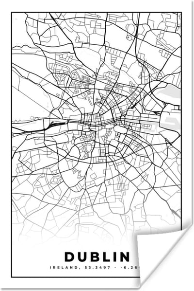 Poster Dublin - Stadskaart - Zwart Wit - Plattegrond - Kaart - 120x180 cm XXL