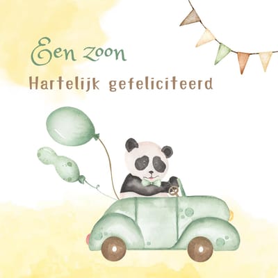 Wenskaart gefeliciteerd geboorte zoon pandabeer auto – 13x13 cm – gevouwen kaart – inclusief witte envelop – stevig papier – geboortekaart jongen