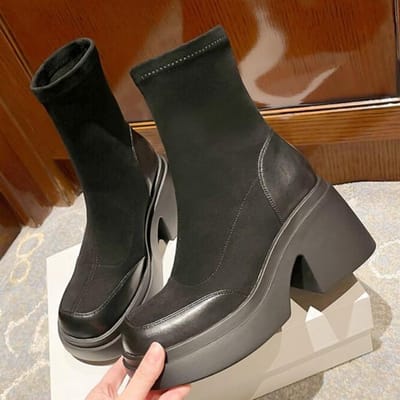 Chunky Chelsea Boots Enkelhoge Hakken Laarzen Dames Winterschoenen 2023 Nieuw Merk Platform Pumps Schoenen Goth Motorfiets Snowboots 38 zwart
