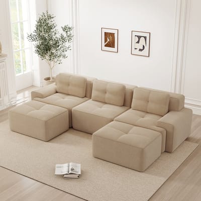 Sweiko U-bank - 3-zits modulaire bank - Met voetenbank - Corduroy - Geen montage nodig - Beige