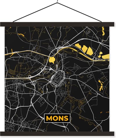 Posterhanger incl. Poster 60x60 cm - Schoolplaat - Plattegrond - Kaart - Stadskaart - Mons - Goud - Textielposter - Zwarte latten - Stadskaart