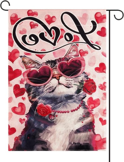 Schattige katten tuinvlag voor Valentijnsdag, 45.5x31cm, met roze zonnebril - Perfecte decoratie voor buiten en tuinfeestjes