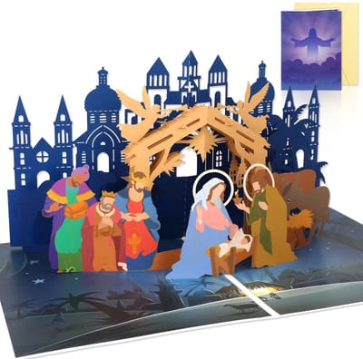Dailygoods- Kerstkaarten 3D Pop-Up - Kerststal - Envelop - Blanco Kaart - Vrolijke Wensen - Afmetingen 20 x 15 cm - Wenskaarten