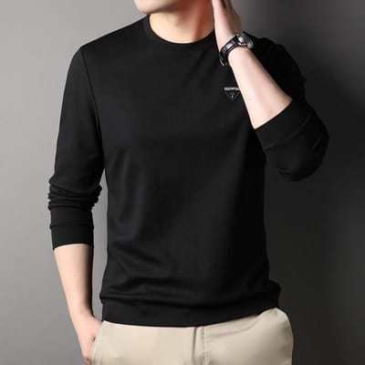 Lente en Herfst Nieuwe Ronde Hals Heren T-shirts met Lange Mouwen, Elastische Borst Bronskleurige Trendy Mode Tops, Kwaliteits Herenkleding XXXL black