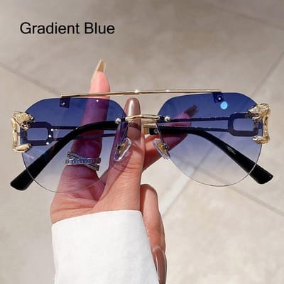 Vintage Cheetah Decor Randloze Zonnebril Heren Dames Trendy Verloopglazen Nieuw Dubbele Neusbrug Zonnebril UV400 Mode Brillen Gradient Blue blue