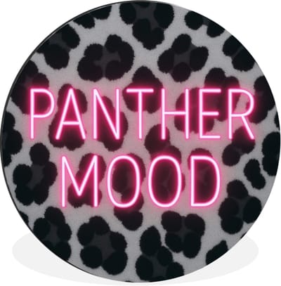WallCircle - Wandcirkel - Muurcirkel - Panterprint - Zwart - Neonletters - Roze - Aluminium - Dibond - 30x30 cm - Binnen en Buiten