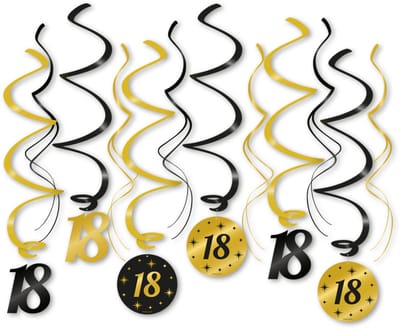 Q2P – 18 Jaar Slingers – Zwart & Gouden Hangdecoratie – Verjaardag Versiering – Feest Swirl – 12 Stuks