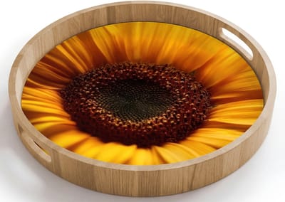 Dienblad rond 40x40 cm - Schootdienblad hout - Geel - Zonnebloem - Zomers - Borrelplank rechthoek - Plateau houten dienbladen