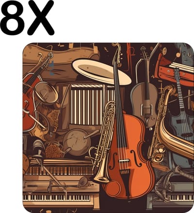 Luxe Placemat - Getekende Muziek Instrumenten - Set van 8 Placemats - 50x50 cm - 2 mm dik Vinyl - Anti Slip - Afneembaar