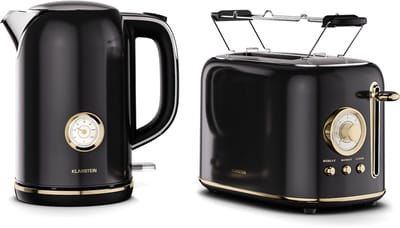 Klarstein Victoria Essential ontbijtset, retro broodrooster voor 2 sneetjes met 7 bruiningsstanden, broodjeshouder, uitneembare kruimellade, 1,7 l waterkoker met kalkfilter, automatische uitschakeling, zwart