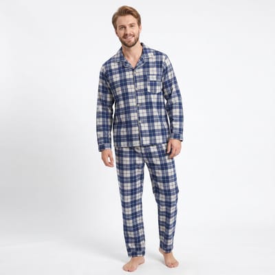 Heren Geruite Doorknoop Pyjama Lange Mouw Lange Broek - Grote Ruitjes - Katoen - Donkergrijs - Maat M - 2503-Grey-M
