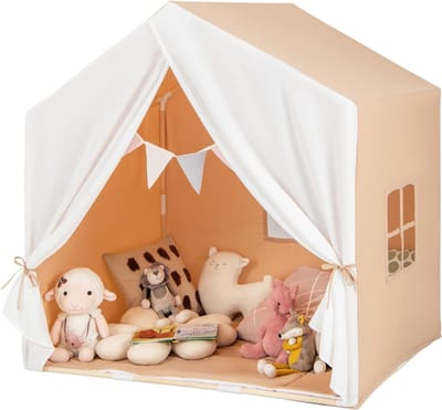 COSTWAY Kindertent met raam, mat en houten frame, kinderspeelhuis met gordijn en kleurrijke vlaggen, prinsessenspeeltent voor binnen en buiten, kinderspeeltent voor jongens en sprookjes