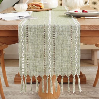SnelShoppen - Moderne Tafelrunner Tafelkleed 33x183cm met Kwastjes Handgemaakt Vintage Stroken Tafeldecoratie voor Binnen Buiten Keuken Eetkamer Feest