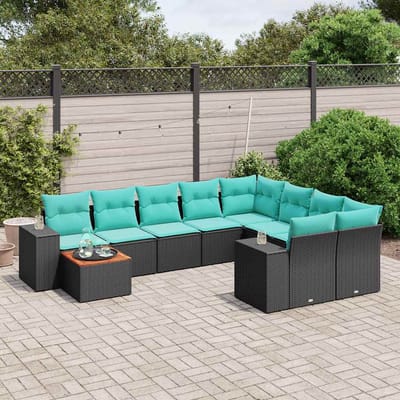 vidaXL - 10-delige - tuinbankset - met - kussens - van - zwart - polyrotan