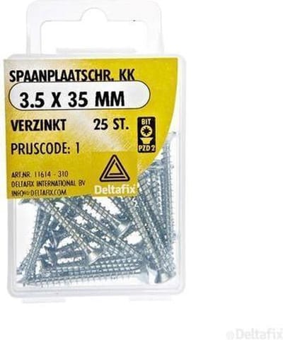 Spaanplaatschroeven. 3.5 x 35mm. lang. Platkop-Kruiskop- Pozidrive-2. Verzinkt. 25 Houtschroeven. Deltafix.