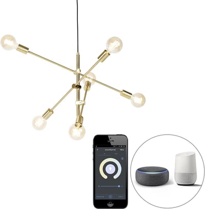 QAZQA sydney - Retro LED Smart Hanglamp incl. wifi voor boven de eettafel | in eetkamer - 1 lichts - Ø 78 cm - Messing - Woonkamer | Slaapkamer | Keuken