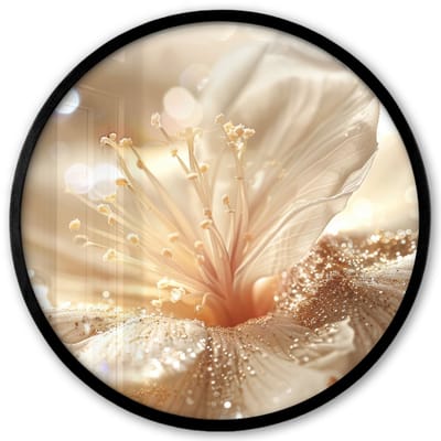 Poster in lijst Rond - Fotolijst 40x40 cm - Posters - Bloem - Wit - Glitter - Goud - Modern - Ronde posterlijst zwart - Decoratie - Wanddecoratie woonkamer - Muurdecoratie slaapkamer