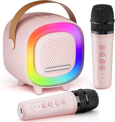 Mini-Karaokemachine voor Kinderen en Volwassenen, Draagbare Bluetooth-luidspreker met 2 Draadloze Microfoons, Kerst- en Verjaardagscadeaus voor Kinderen, Speelgoed van 3-12+ Jaar