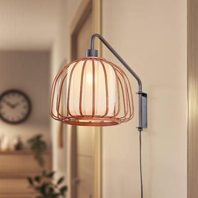 Lindby - Wandlamp hout - 1licht - Bamboe, textiel, metaal - H: 28 cm - E14 - Donker hout, beige, zwart