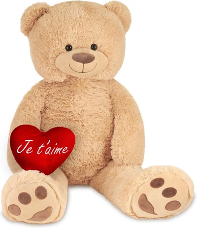 BRUBAKER - XXL Teddybeer 100 cm Beige met een Je T'aime Hartje Knuffel Pluche Knuffeldier - Cadeau - Valentijn