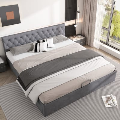 REDOM Ledikant 180x200 cm – Fluweel grijs – Met geknoopt hoofdbord & hydraulische opbergruimte – Luxe