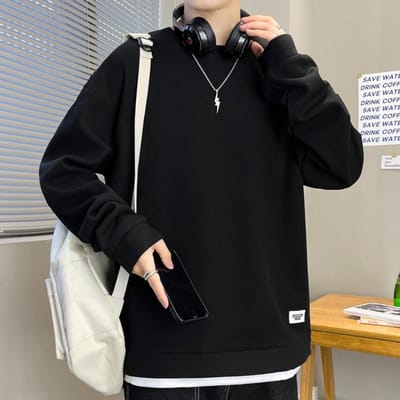 Nep Tweedelig Trui Heren Lente en Herfst Trendy Merk T-shirt met Lange Mouwen Losse Casual Jeugd Onderhemd L black