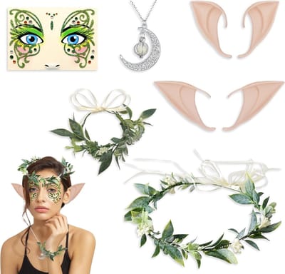 Elfenhoofddeksel met Oren, Kostuumaccessoire Set met Groene Bloemenkroon, Armband, Maanhanger en Gezichtsdecoratie voor Halloween, Carnaval en Cosplay