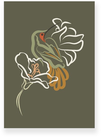Poster 20x30 cm - Kolibrie - Vogel - Bloemen - Groen - Bruin - Minimalistisch - Botanisch - Muurdecoratie - Wanddecoratie