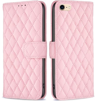 BINFEN Hoesje - Geschikt voor iPhone SE (2022/2020), iPhone 8 / 7 Hoesje - BINFEN Rhombus Book Case - Roze
