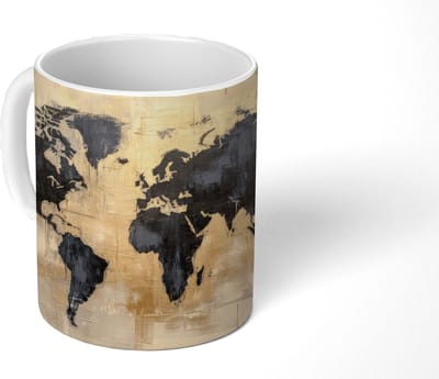 Mok - Koffiemok - Wereldkaart - Goud - Zwart - Abstract - Mokken - 350 ML - Beker - Koffiemokken - Theemok