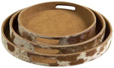 dienbladen koehuid rond bruin/wit (set of 3)