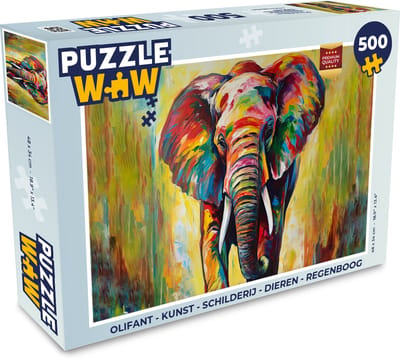 Puzzel Olifant - Kunst - Schilderij - Dieren - Regenboog - Legpuzzel - Puzzel 500 stukjes