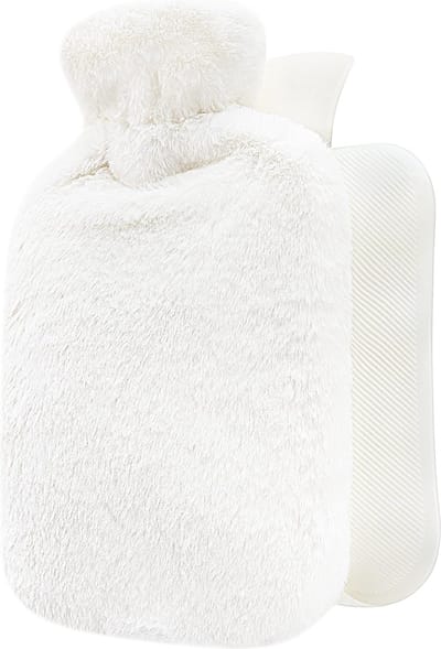 Warmwaterkruik met zachte overtrek, 2 l, grote warmtekruik, 2 liter wollig, bedfles voor kinderen en volwassenen, warme waterfles met pluizige overtrek, geschenken voor vrouwen, wit