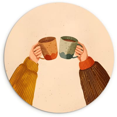 WallCircle® Wandcirkel 120x120 cm - Muurcirkel Illustratie - Mokken - Proosten - Bruin - Muurdecoratie woonkamer - Wanddecoratie slaapkamer - Kamer decoratie accessoires - Ronde schilderijen XXL