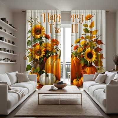 2 pièces HD Festival de la récolte d'automne Tournesol Pot de fleurs Citrouille Rideau décoratif Jaune Lien Rideau imprimé numériquement Décoration de maison W52H63inchW132H160cm orange