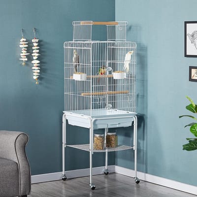 Vogelkooi, vogelhuis, vogelkooi, parkietkooi, 46,5 x 46,5 x 136 cm, kanaries, kooi, exotenkooi, papegaaienkooi, valkparkietkooi, wit HMTM-BC-10006-White