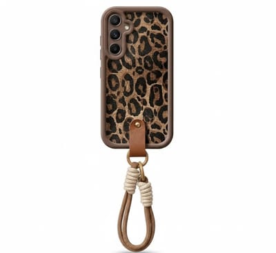 Bruin luipaard print telefoon hoesje met koord geschikt voor Samsung A34 hoesje – backcover dames met panter dessin, afneembaar draagkoord en minimalistisch ontwerp